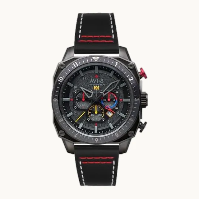 Reloj cronógrafo Hawker Hunter Atlas de 43 mm con correa de cuero AV-4100 para hombre, Black Ops, Militar