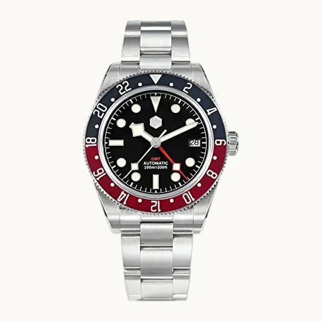 Generic San Martin SN0109G - Reloj mecánico automático de lujo NH34 GMT para hombre, bisel de aluminio bidireccional, Ne