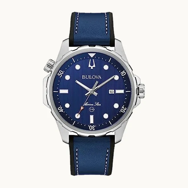 Men's Marine Star Quartz Silver Stainless Steel Watch, Leather and Silicone Strap, 100M Water Resistant, 43mm