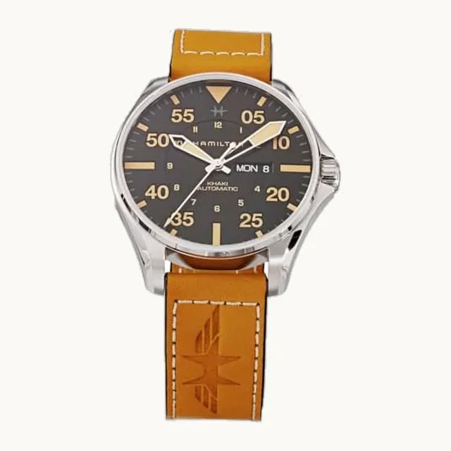 Reloj automático Khaki Aviation Pilot Day Auto Caqui Aviation con esfera negra de cristal de zafiro de acero in
