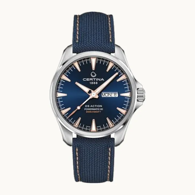 Certina, hombre, DS Action Day-Date Powermatic 80, acero inoxidable, suizo automático, reloj, azul, plástico, 20