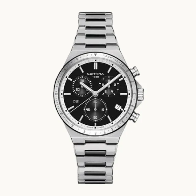 Certina, hombre, cronógrafo DS-7, acero inoxidable, cuarzo suizo, reloj, negro, acero inoxidable, 10, (C04341722
