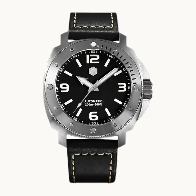 ACHARD San Martin - Reloj automático para hombre, 43 mm, mecánico militar, zafiro, 20 ATM, bisel luminoso de acero
