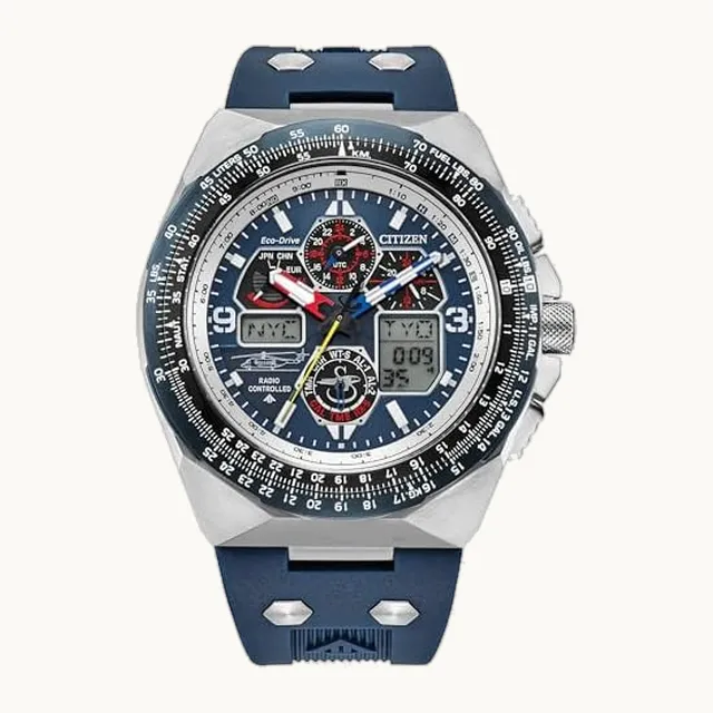 Eco-Drive Promaster Sikorsky - Reloj para hombre, esfera azul, correa de goma azul, cronometraje atómico (modelo