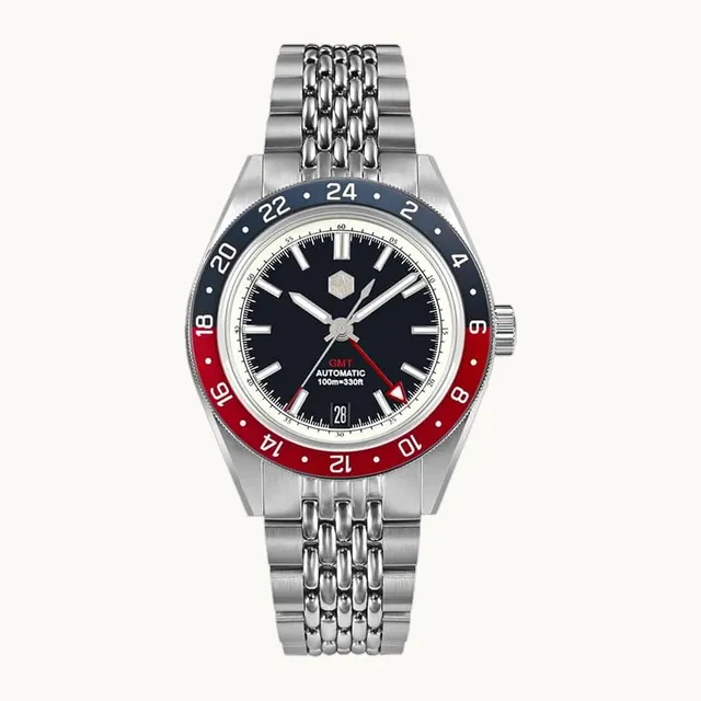ACHARD San Martin GMT - Reloj automático mecánico para hombre, 10 ATM, bisel de aluminio bidireccional de zafiro luminos