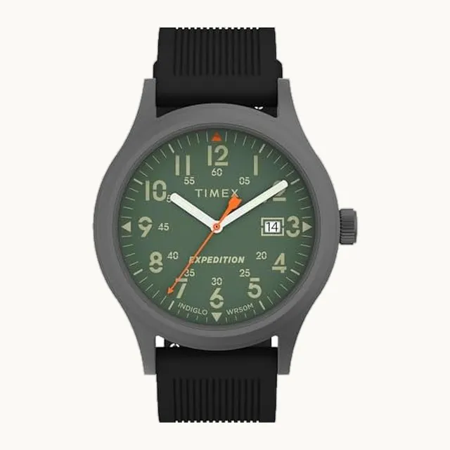 Expedition Scout - Reloj para hombre, 40 mm, esfera y caja negra con correa de piel oliva, sin cordones