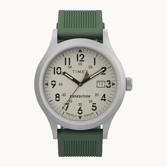 Expedition Scout - Reloj para hombre, 40 mm, esfera y caja negra con correa de piel oliva, sin cordones