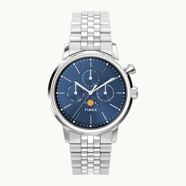 Marlin Moon Phase - Reloj de pulsera de acero inoxidable de 40 mm, esfera azul y caja de acero inoxidable, Acero i