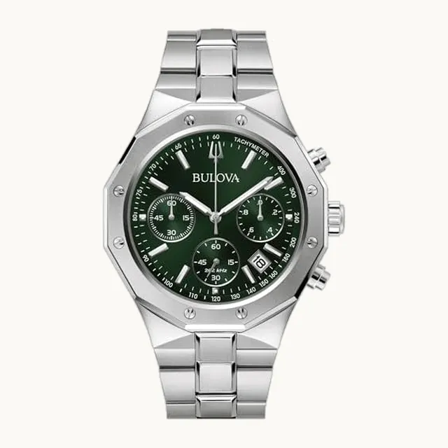 Reloj clásico de 6 manos con cronógrafo de alto rendimiento y cuarzo plateado de acero inoxidable, esfera verde