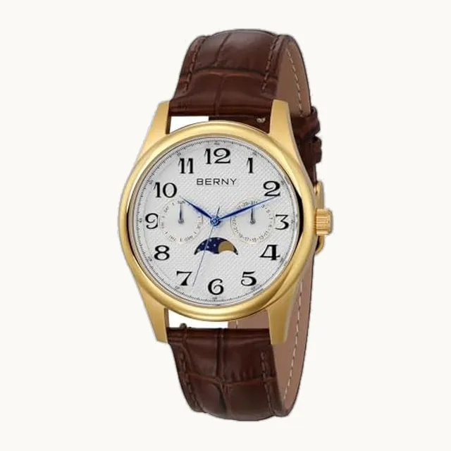 Reloj dorado para hombre, reloj de fase lunar, multifunción, de cuarzo, números arábigos, esfera analógica, caja