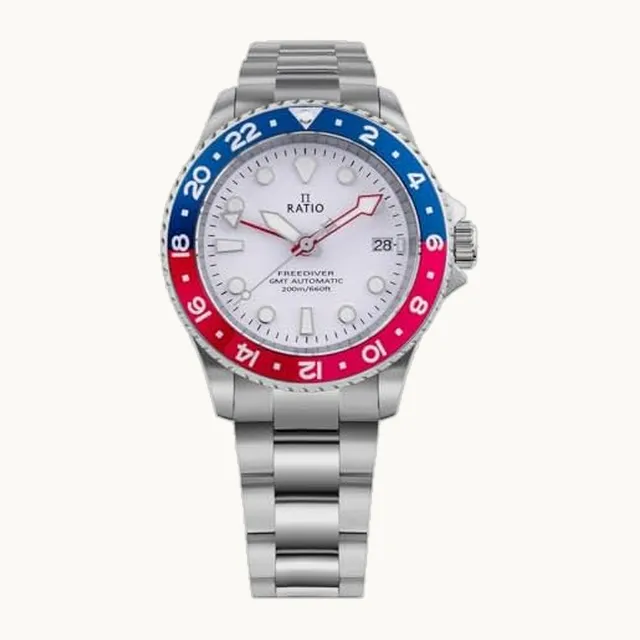 FreeDiver GMT Series Sapphire Stainless Steel White Dial Blue Red Pepsi Bezel Automatic RTF061 200M Men's Watch