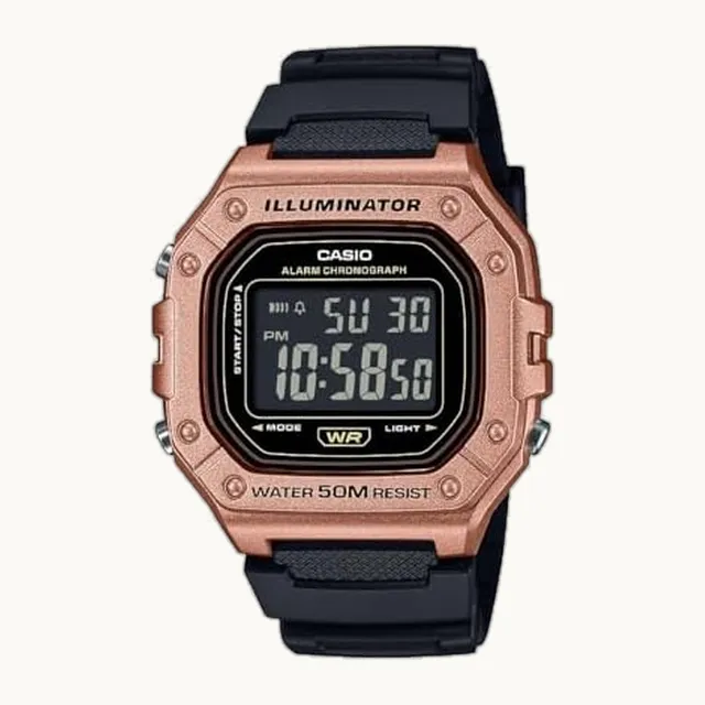 W-218HM-5BV Series | Reloj digital para hombre | Negro/Dorado | 50M WR | Caja de resina | Retroiluminación LED | C