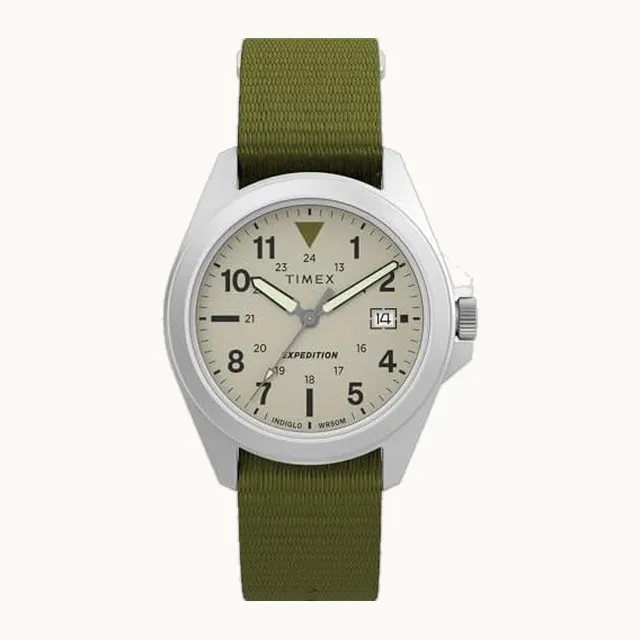Expedition Field - Reloj unisex de 36 mm, esfera de correa verde, caja plateada