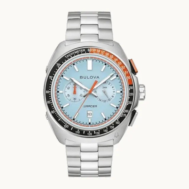 Hombre Pulsera de acero inoxidable con esfera azul Racer Chronograph 98B432, Celeste/Plateado, 17.7 cm, Pulsera