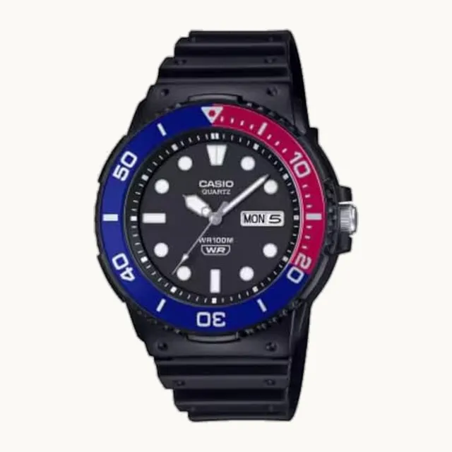 MRW-230H Series | Negro/Azul/Rojo | Bisel giratorio | Resistente al agua de 100 m | Indicador de fecha de día | Re