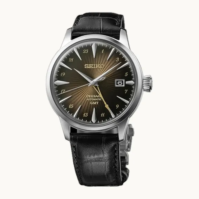 SSK039 Reloj Presage Rusty Nail Cocktail GMT para hombre con esfera marrón y correa de cuero