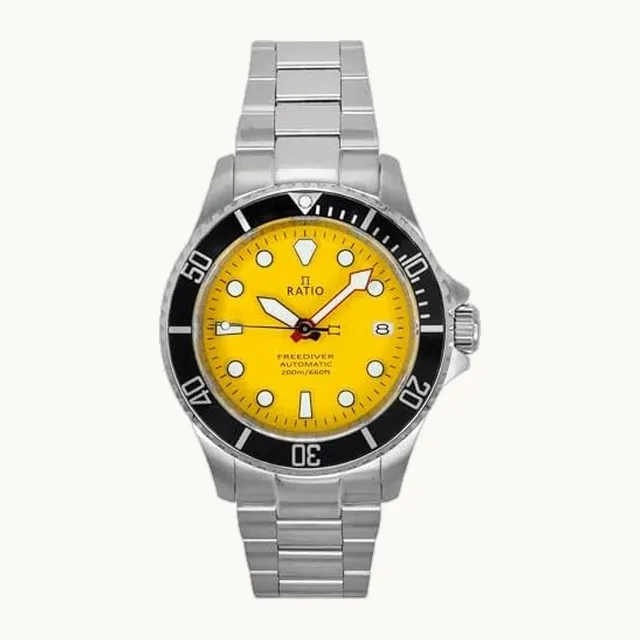 Reloj automático Ratio FreeDiver de acero inoxidable con zafiro y esfera amarilla RTF044 200M para hombre