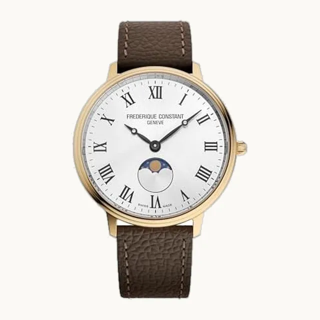 Reloj clásico de cuarzo fase lunar dorado con caja de acero inoxidable y correa