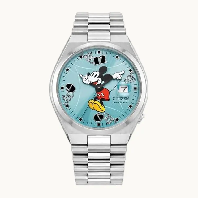 Tsuyosa Mickey Mouse automático, esfera azul cielo rayos de sol, reloj de acero inoxidable (modelo: NJ0156-50L)