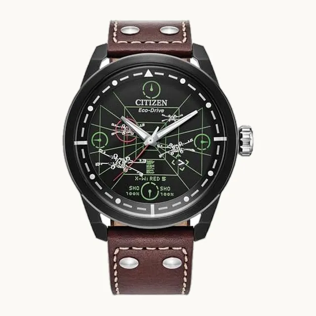 Eco-Drive X-Wing and Tie Fighter, caja de acero inoxidable chapado en iones, reloj con correa de piel café (mode