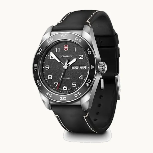242041 Reloj de cuarzo suizo con esfera negra y correa de piel negro de 42 mm - 242041