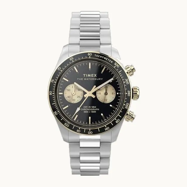 Waterbury Heritage - Reloj para hombre de 39 mm, pulsera de acero inoxidable, esfera negra, caja de acero inoxidab