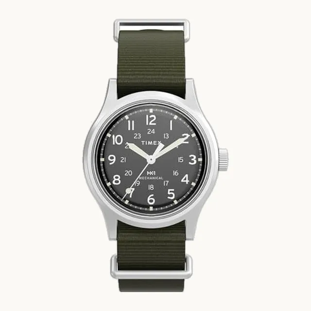 Mk1 - Reloj para hombre de 36 mm, correa verde, esfera negra, caja de acero inoxidable