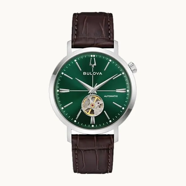 Reloj automático para hombre, diseño clásico Aerojet, correa de piel café, esfera verde, función de hackeo, res