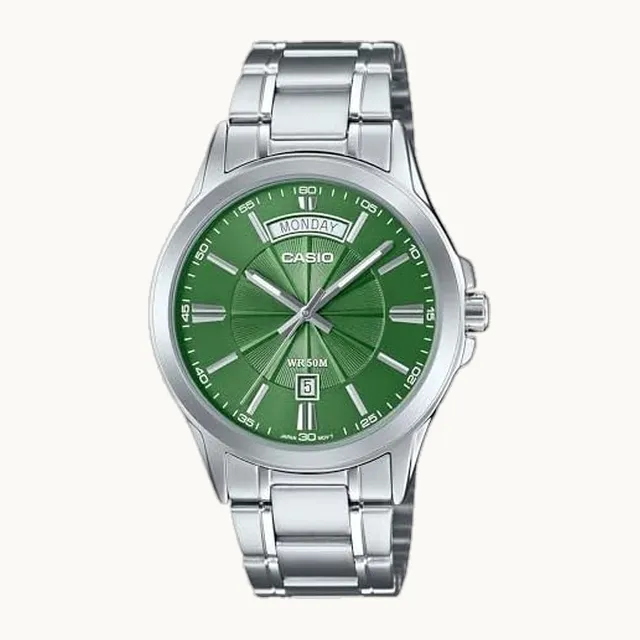 MTP1381D-3AV - Reloj analógico clásico clásico de acero inoxidable para hombre, esfera verde, día y fecha