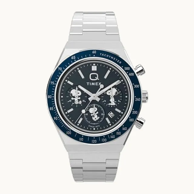Peanuts Q - Reloj para hombre de 40 mm, pulsera de acero inoxidable, esfera azul, caja de acero inoxidable