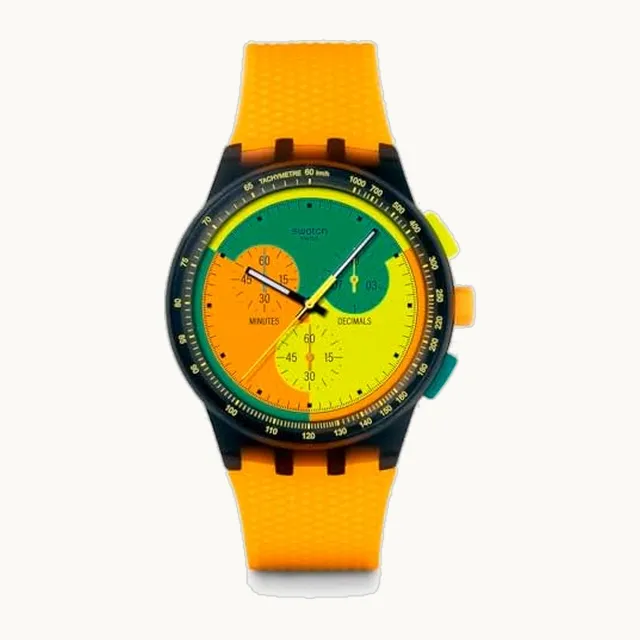 Chrono 42 - Reloj casual unisex de polímero, cuarzo negro, resistente al agua, Swatch NEON Signal Flag