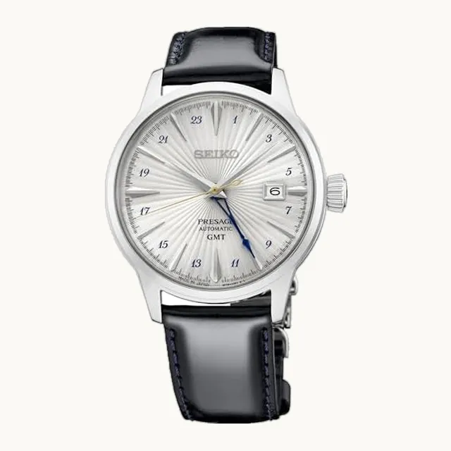 Presage SSK049 Reloj de hombre Cocktail Time GMT con banda de cuero, esfera plateada, automático